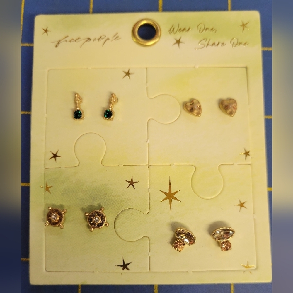 Free People Gold and Green Earring Set of 4 Pairs
